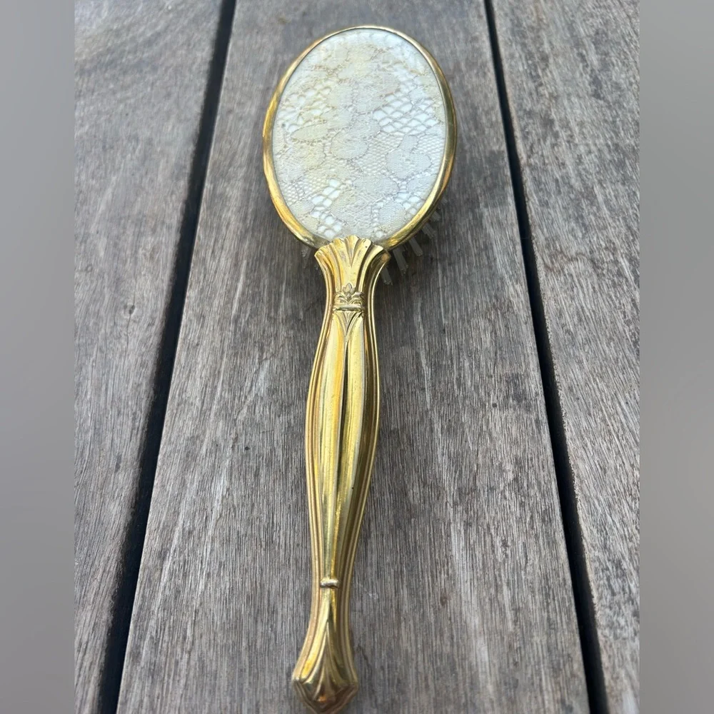 Vintage 70’s Vanity Hair Brush Lace Detail Gold Tone w/ Removable Brush Head